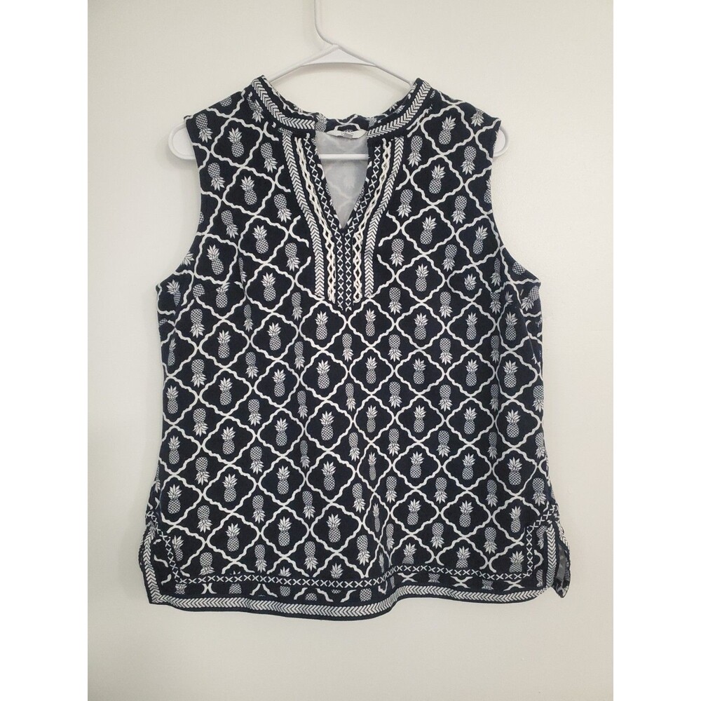 pineapple sleeveless blouse, crown and ivy size L blue and white